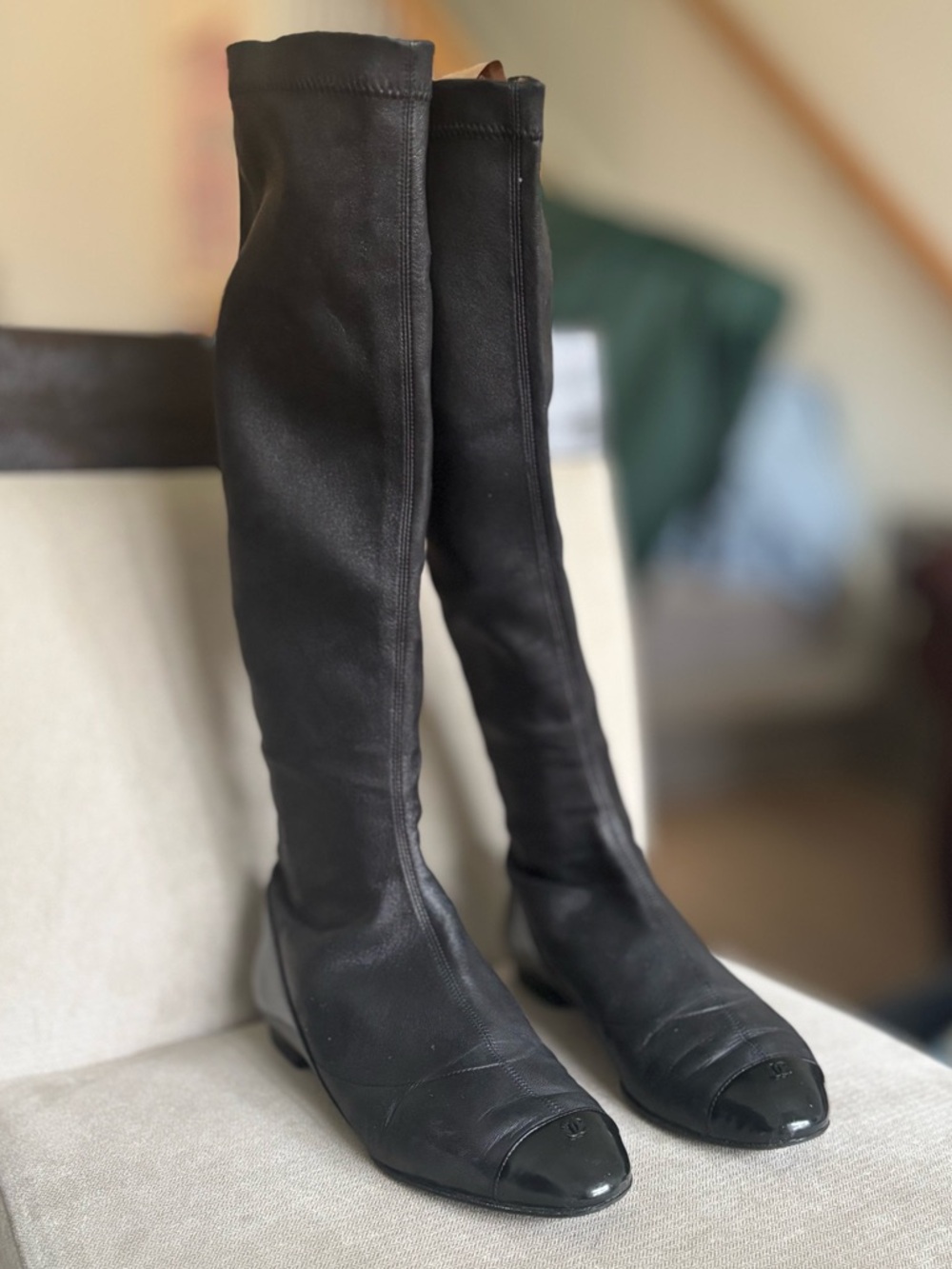 CHANEL Black Leather Riding Boots/Flats with Patent Cap Toe